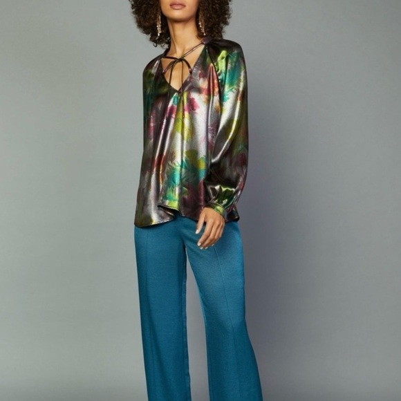 Anthropologie Current Air Goldie Metallic Floral Long Sleeve Blouse Size XS - Picture 2 of 13